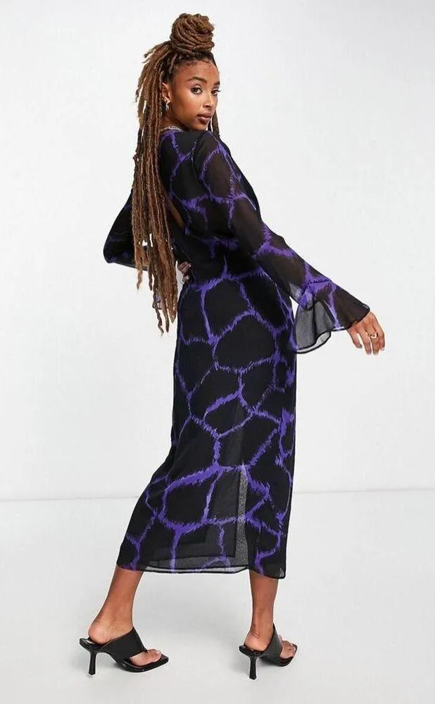 NEW Topshop Woven Knot Front Plunge Midi Dress Sheer Black Purple US 6 - Image 8