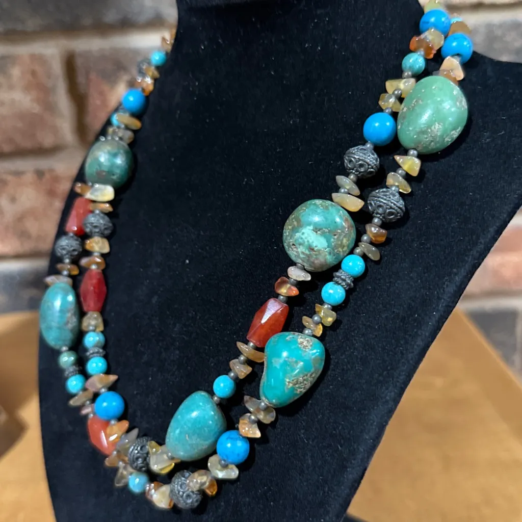 Vintage genuine polished turquoise and natural stone double strand necklace Blue - Image 2