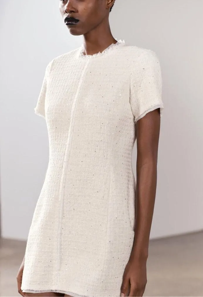 NWT❗️ZARA Elegant White Tweed Short Cutted Dress ZW Collection Mini Ivory Size M - Image 11