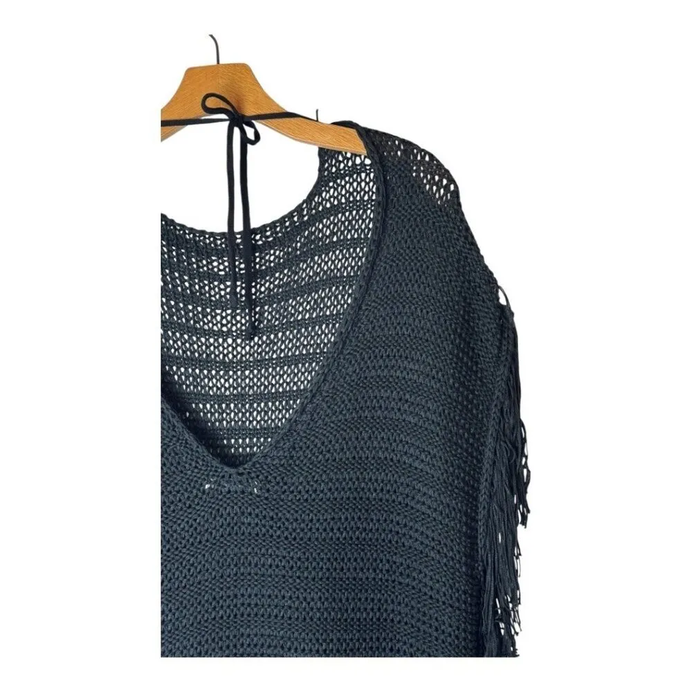 Zara Sweater Women‎ Small Black Open Knit V Back Fringe Sides Short Sleeve Tunic - Image 7