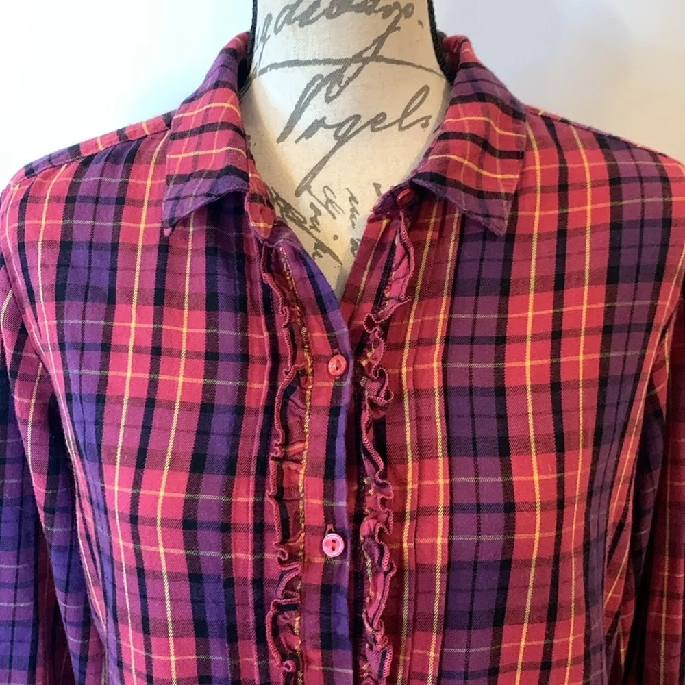 Intimates cotton flannel plaid ruffle roll tab sleep shirt M - Image 2