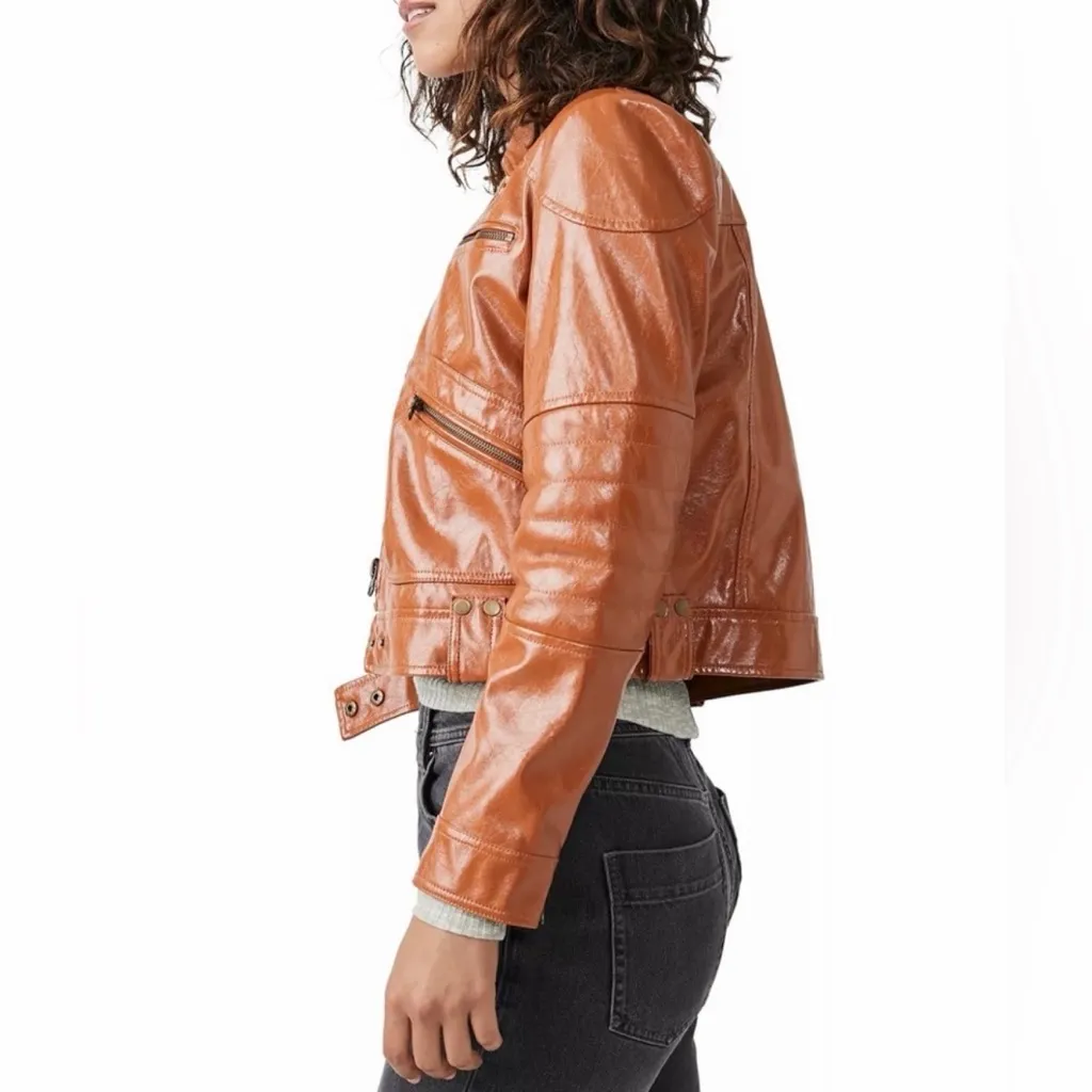 We the Free People Vegan Faux Leather Cognac Moto Jacket Rock - Image 2