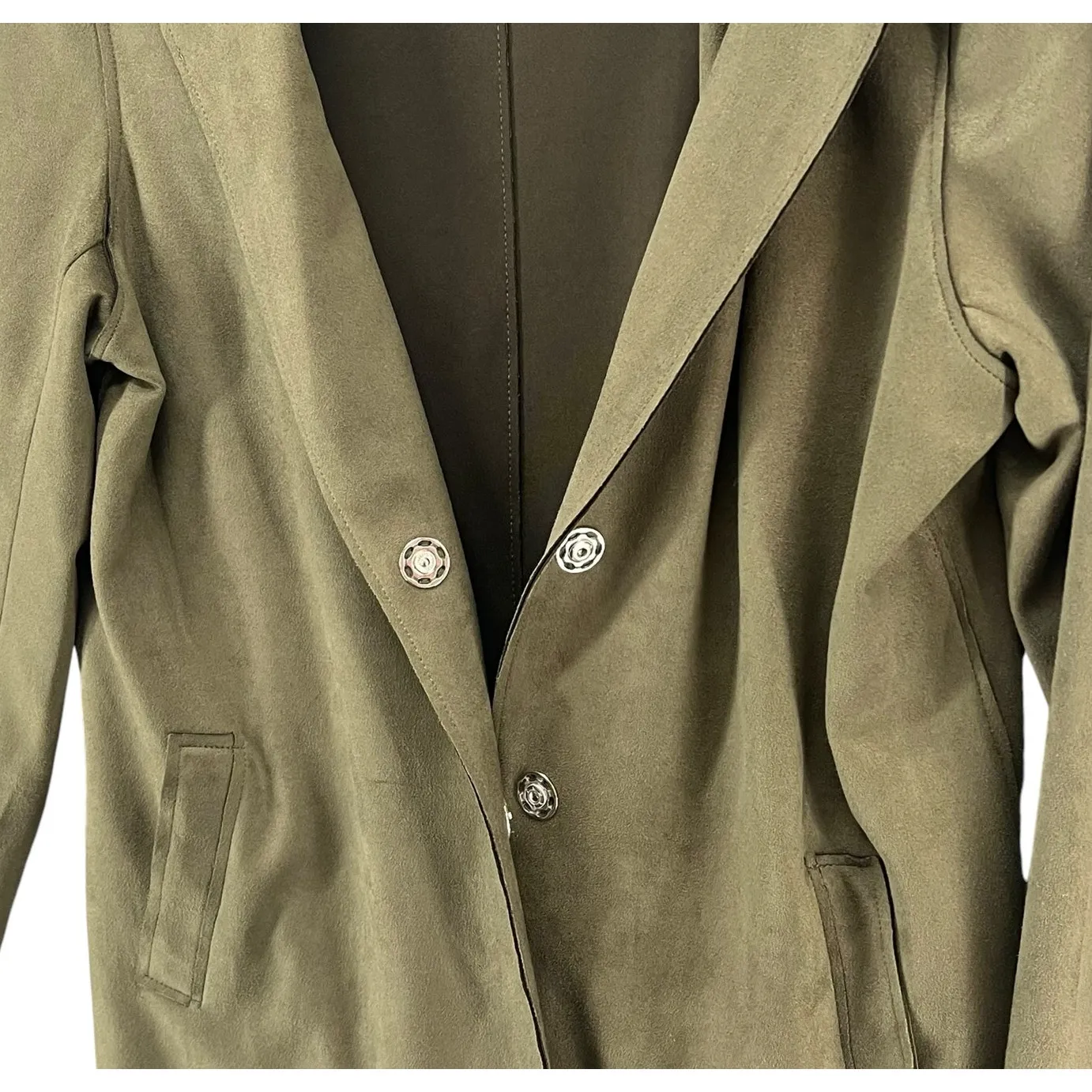 Carolina Belle Long Blazer Jacket Women M Olive Green Faux Suede Snap Minimalist - Image 5