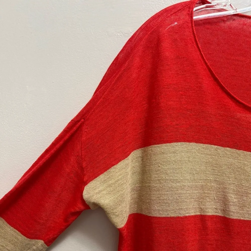 Nili Lotan Linen Striped Sweater Long Sleeves Relaxed Red Tan Size XS - Image 4