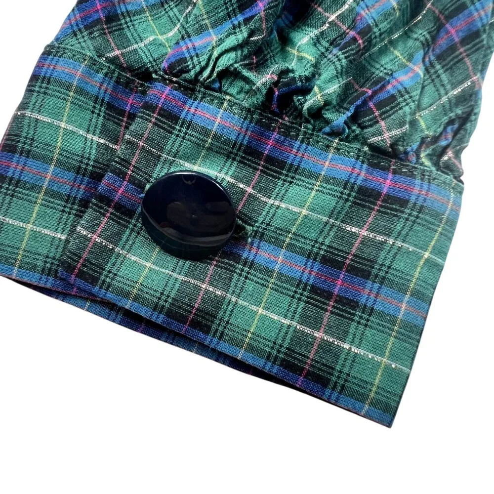 J.Crew Tartan Plaid Metallic Ruffle Neck Blouse Top Green Womens 4 Long Sleeve - Image 8