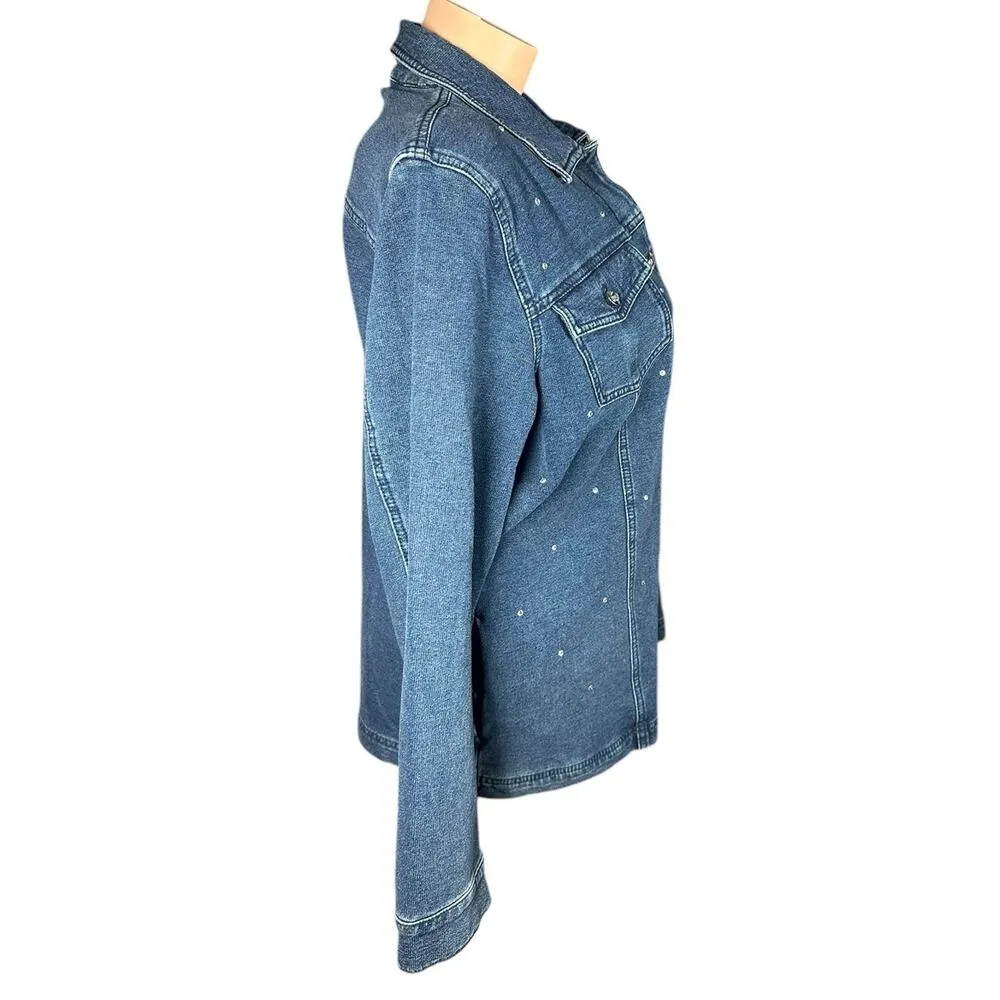 Quacker Factory Dream Jeannes Dark Wash Rhinestone Knit Denim Jean Jacket Size M Blue Size M - Image 8