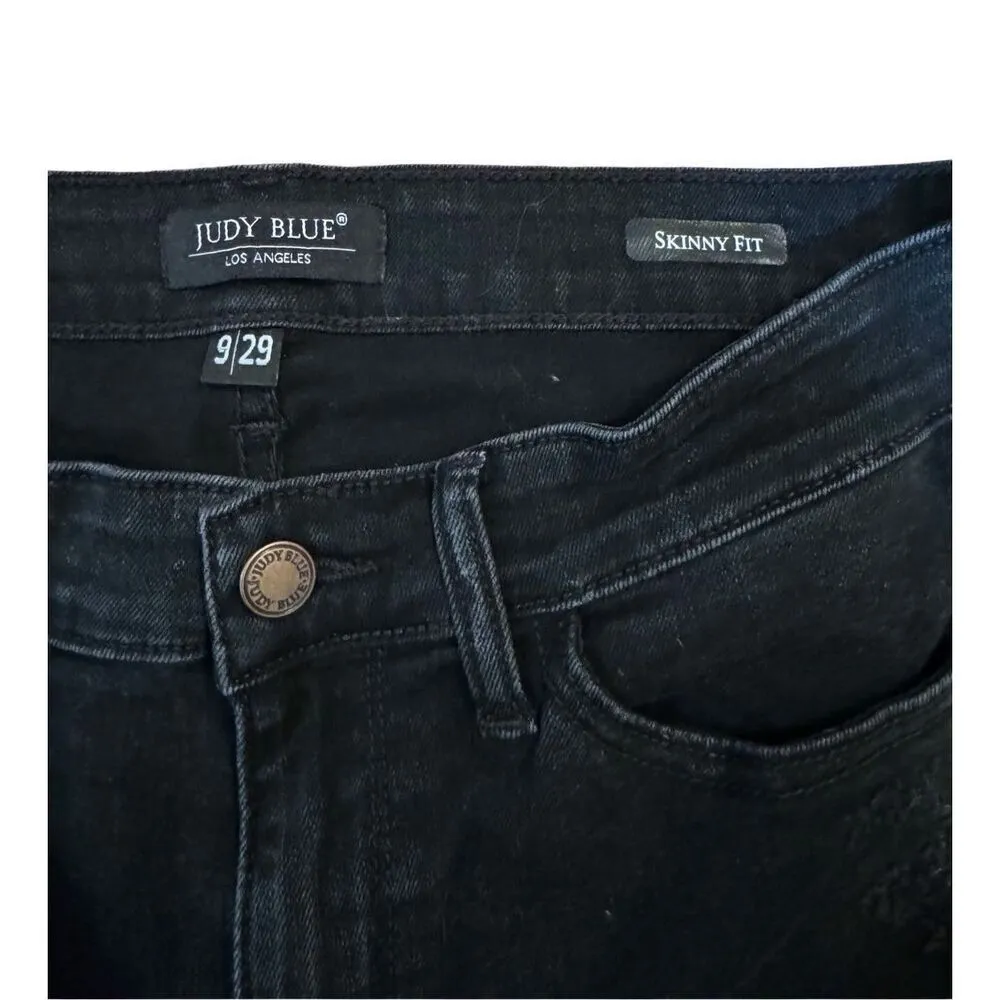 Judy Blue Jeans Women's 9/29 Distressed Black Leopard Patch Mid Rise Skinny Jean - Image 4