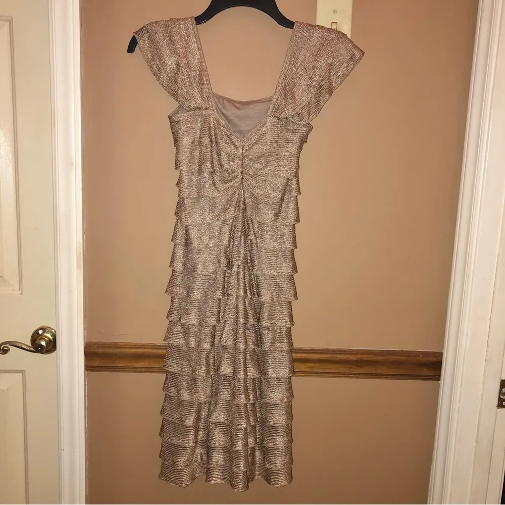 Max Studio Ruffle Fringe Sleeveless Tiered Dress Gold‎ Metallic XS - Image 2