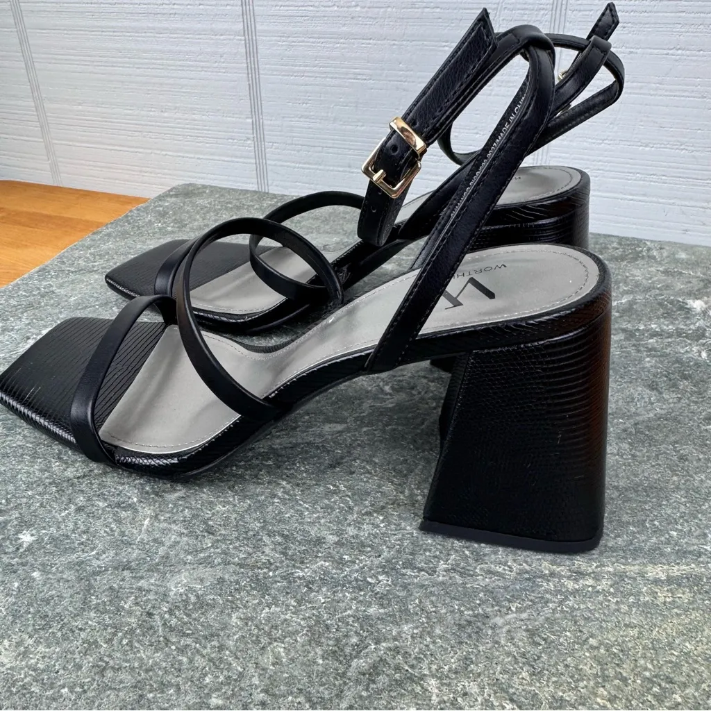 Worthington Wor Pico Black Strappy Block Heels Square Toe Snakeskin Ankle Strap - Image 4