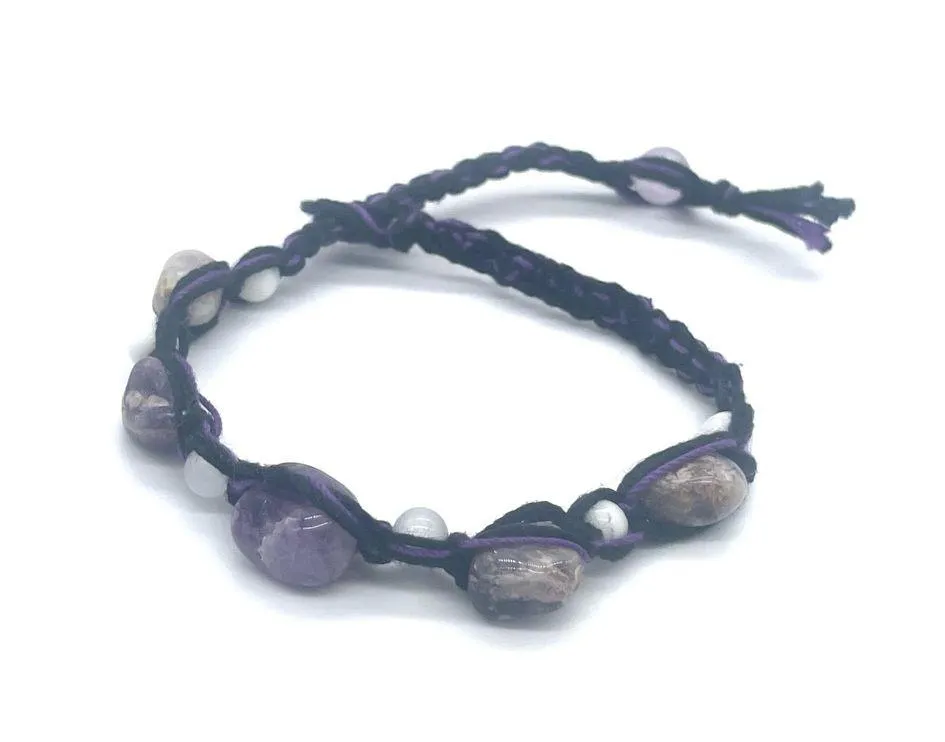 Semi Precious Stone, Amethyst & Agate & Quartz Adjustable Bracelet Purple - Image 2