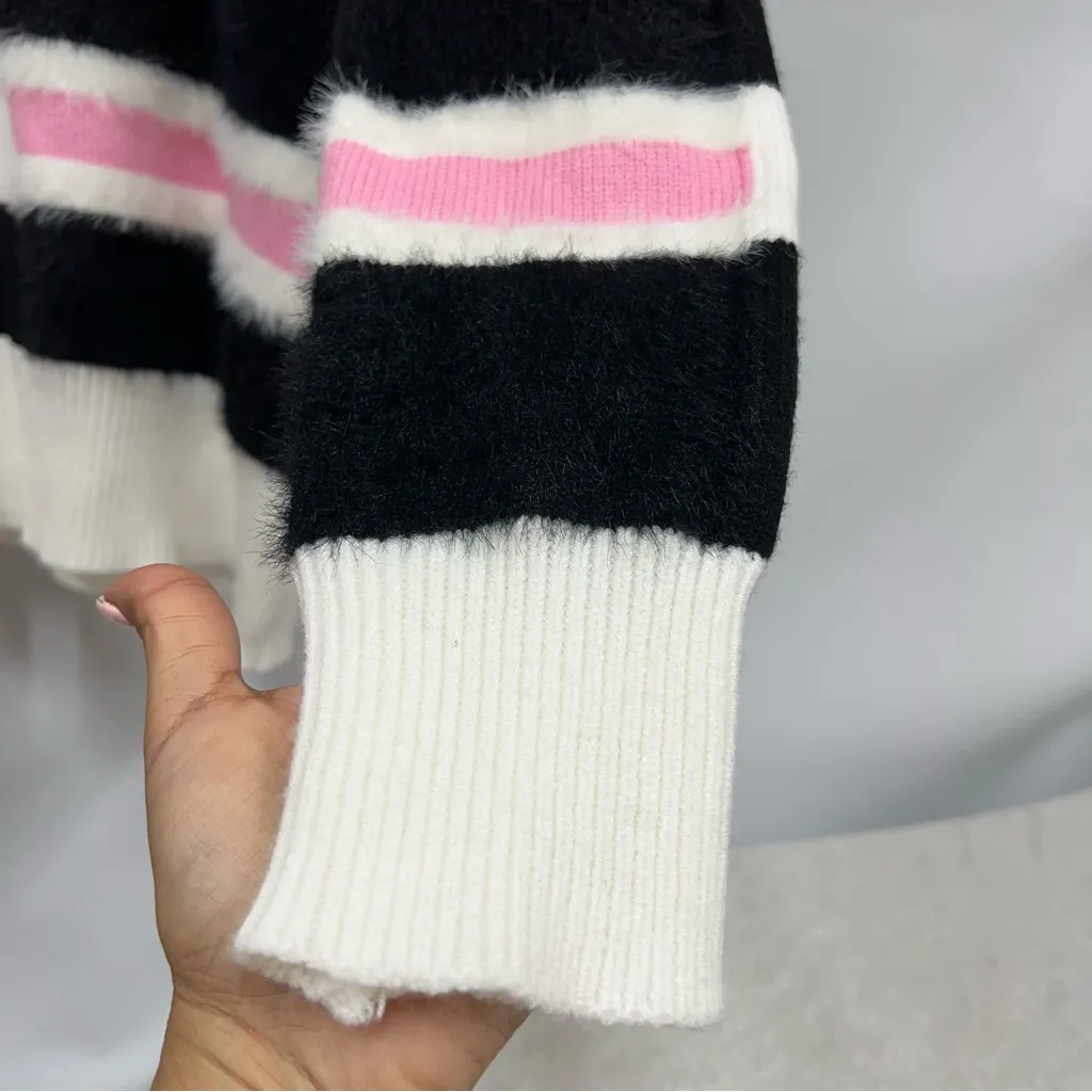 THML Kirsten striped M knit sweater white pink black bold modern high neckline - Image 2