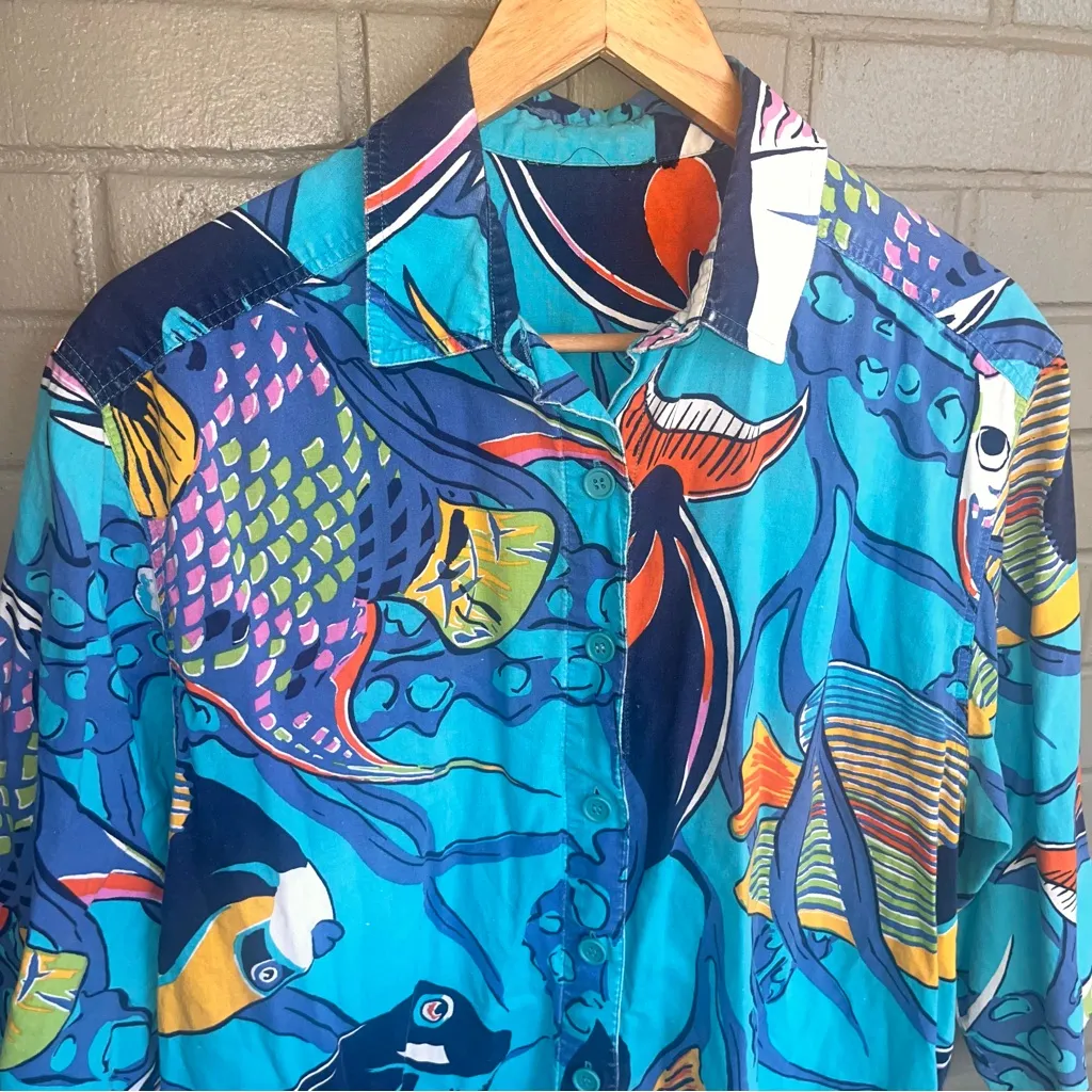 Vintage 80s 90s Fish Aquarium Blue Button Down Shirt Abstract Hawaiian XL - Image 7