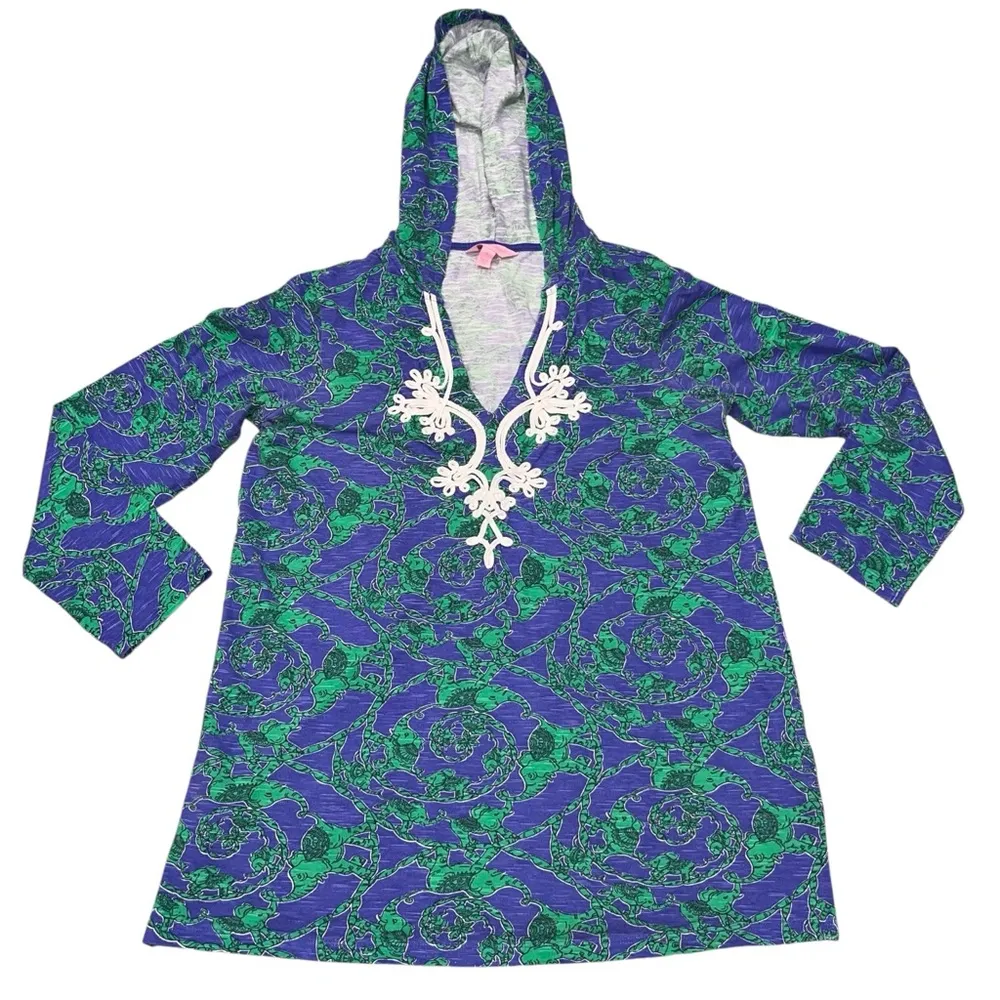 Lilly Pulitzer Noelle Hooded Elephant Print Long Sleeve Tunic Pullover Top Large - Image 4