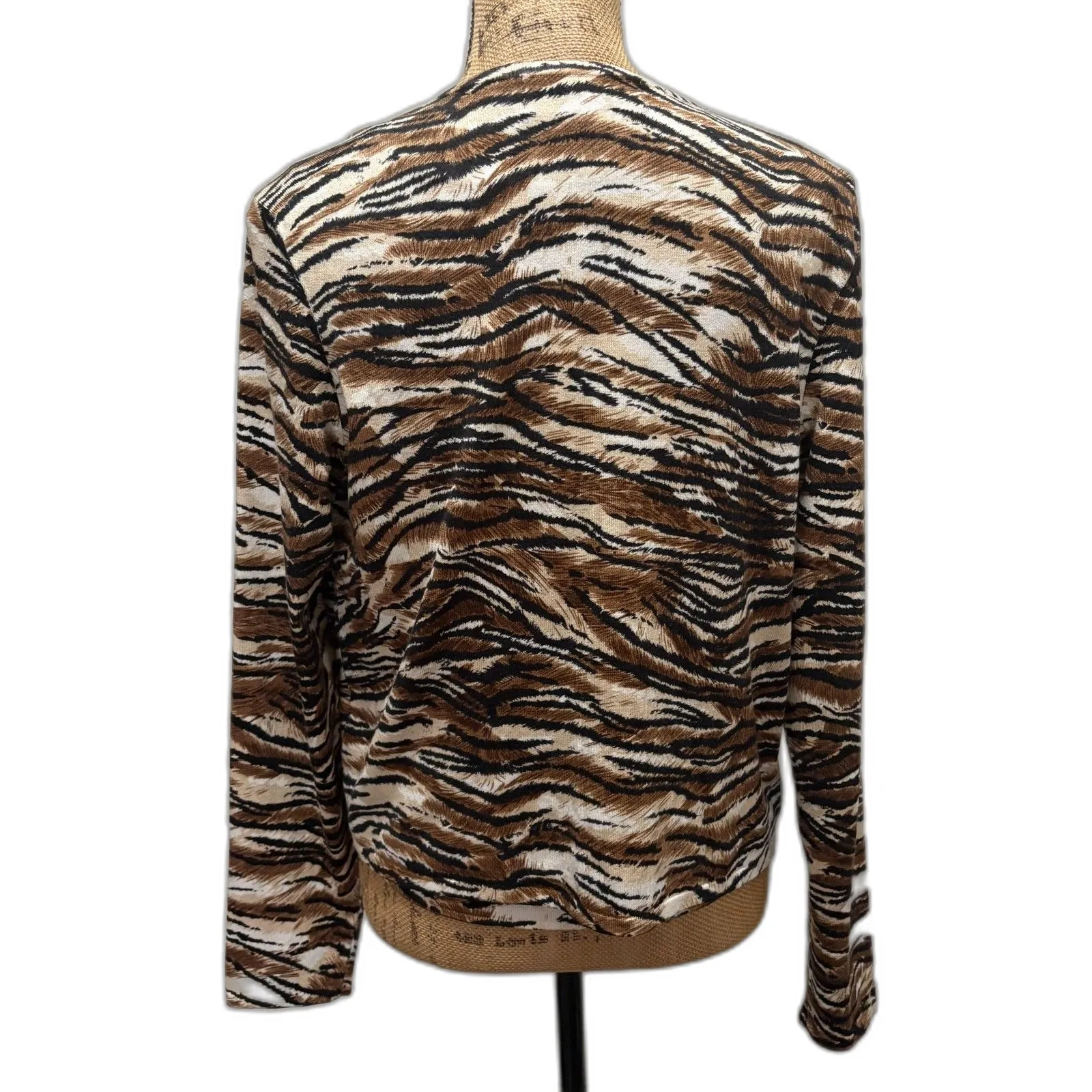 British Khaki Silk Blend Cardigan Set Tan Tiger Stripe 90s Modest Size Medium - Image 3