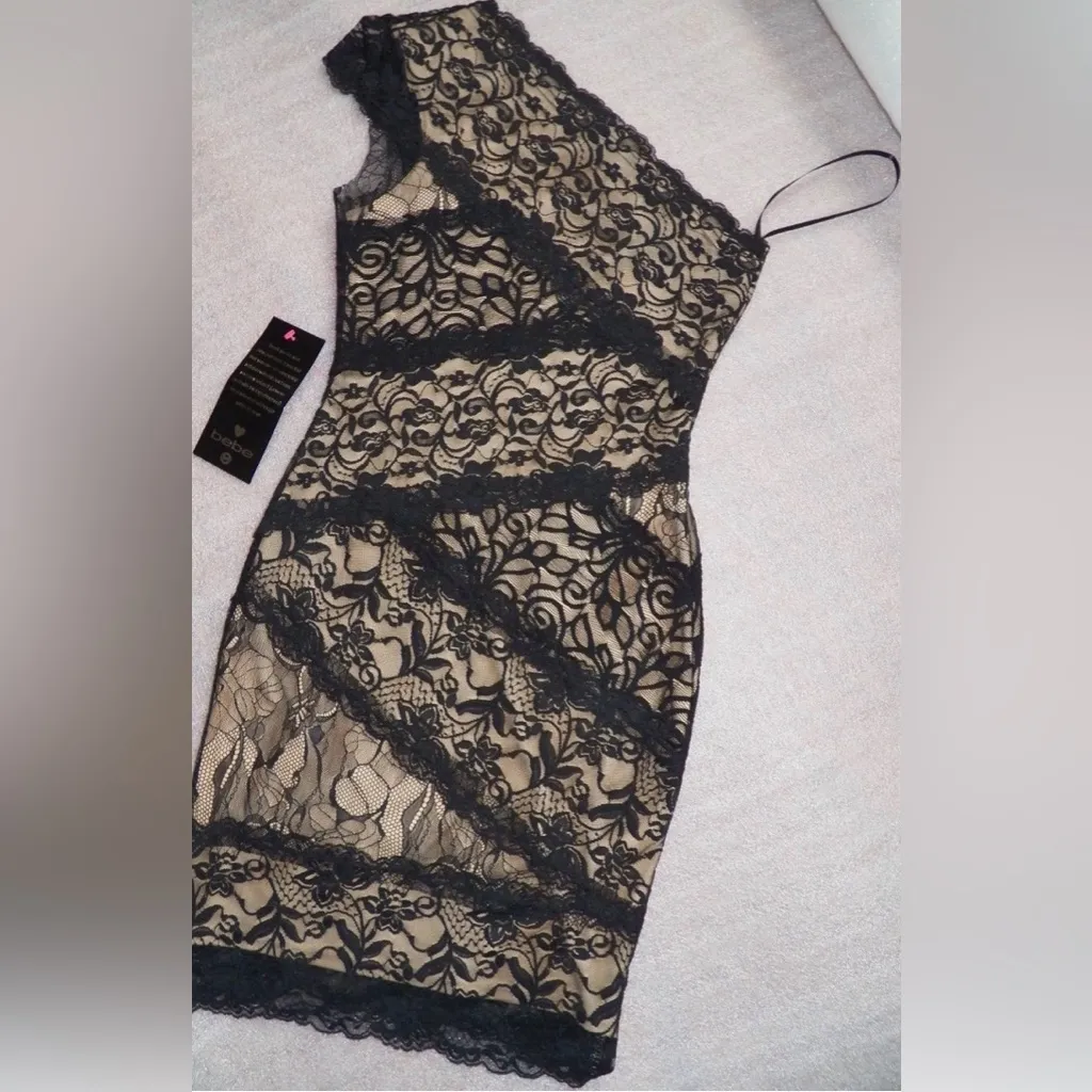 bebe black lace dress stretchy bodycon - Image 4