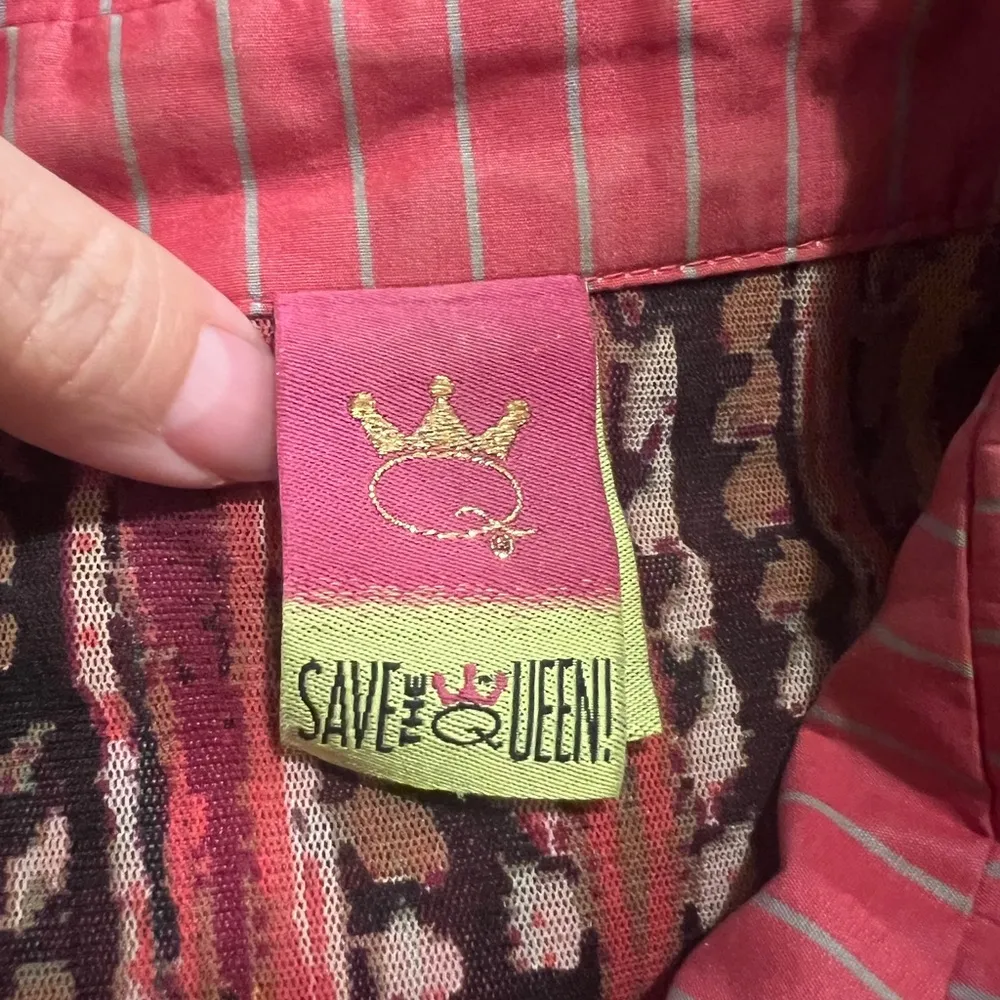 Save The Queen Coated Button Down Artsy Print Long Sleeve Mesh Blouse Pink - Image 5