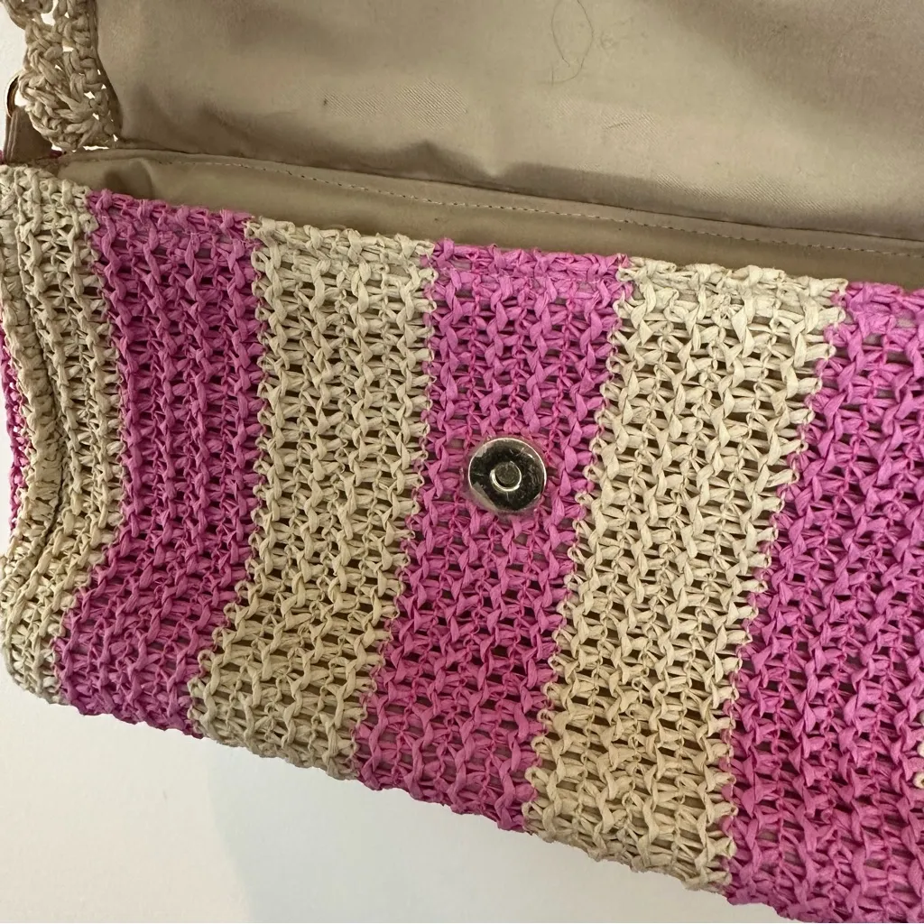 Shiraleah Pink and Cream Striped Sandy Paper Straw Shoulder Bag Chain Strap - Image 5