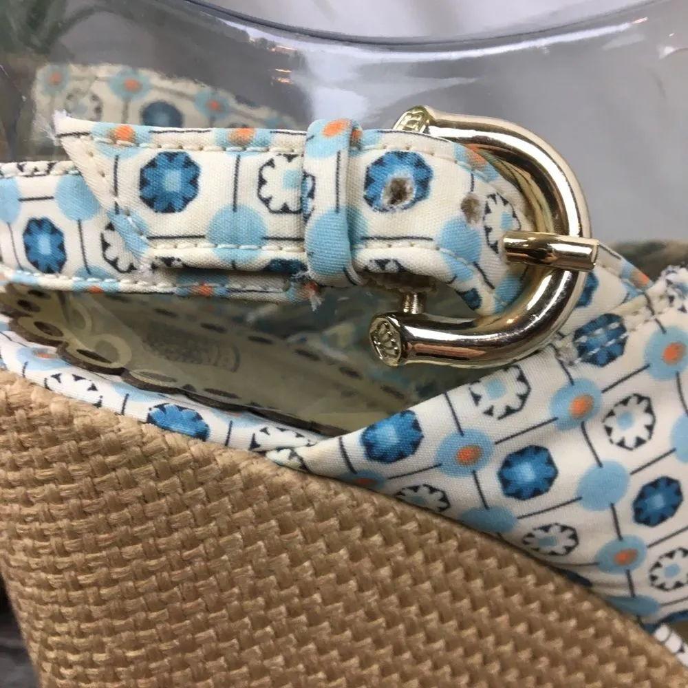 Juicy Couture Blue & Tan Print Fabric Platform Wedge espadrille Sandal Shoes 7.5 - Image 5