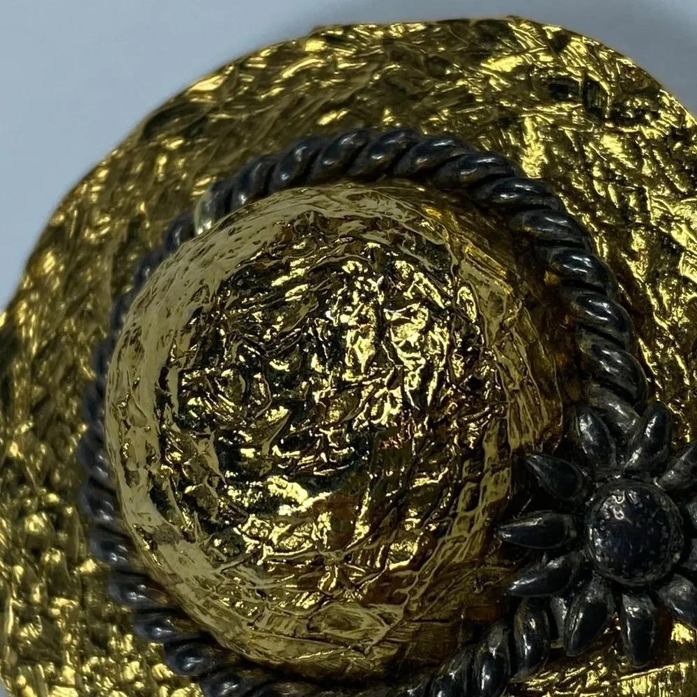 Premier Designs 3 D Hat Brooch Textured Hammered Metal Gold Tone Flower Accent - Image 12