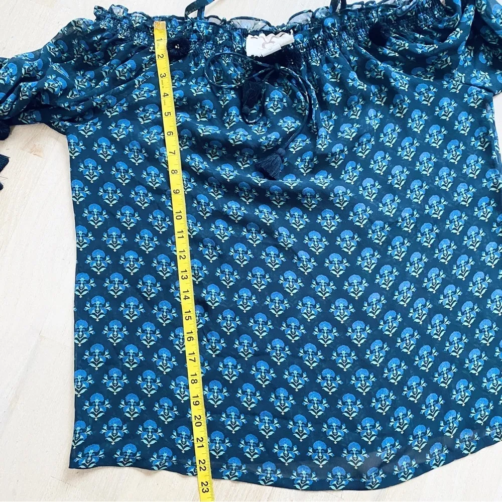 FIGUE 100% silk off shoulder Pom Pom blouse Blue Size L - Image 11