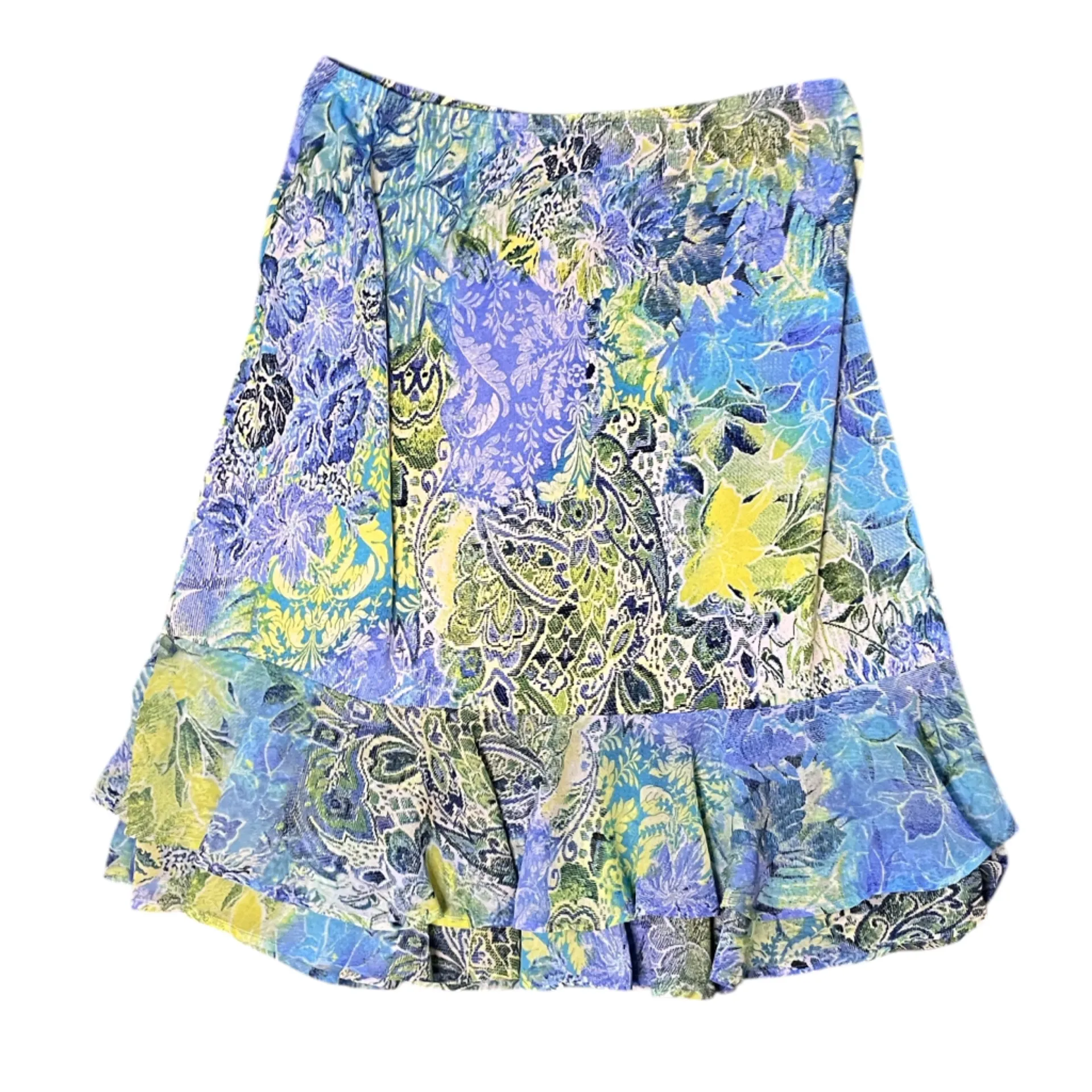 Passports Ruffle Hem Skirt Floral Paisley Stretch Blue Green Yellow XL - Image 2