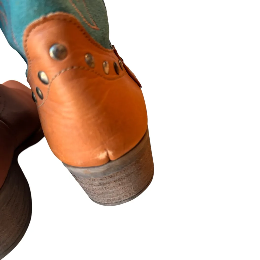 Matisse Tumbleweed Western Cowgirl Boots Turquoise Cognac Leather Studded 9.5EE Blue Size 9.5 - Image 7