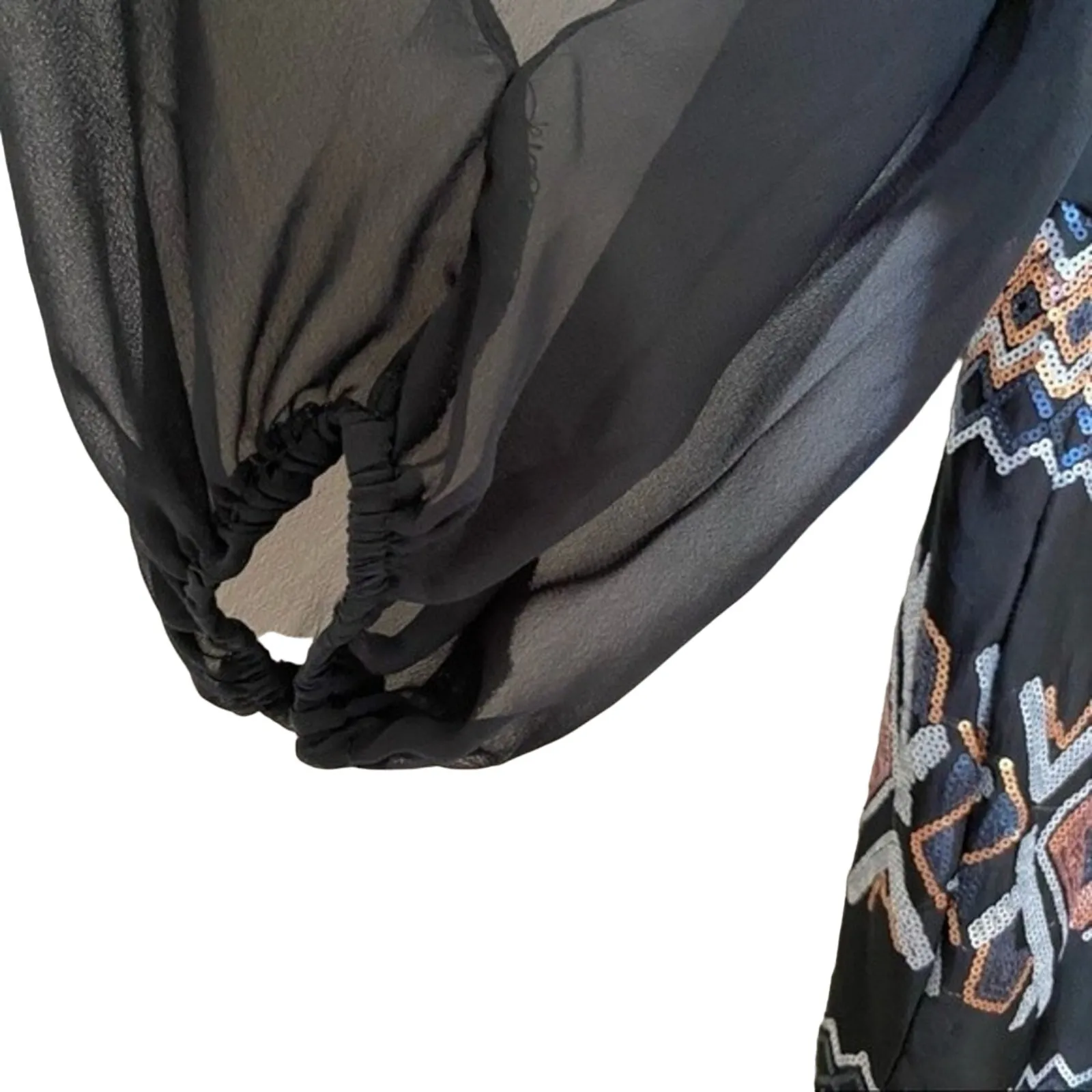 As U Wish black brown sequin tribal open sleeve shift blouson mini dress large - Image 8