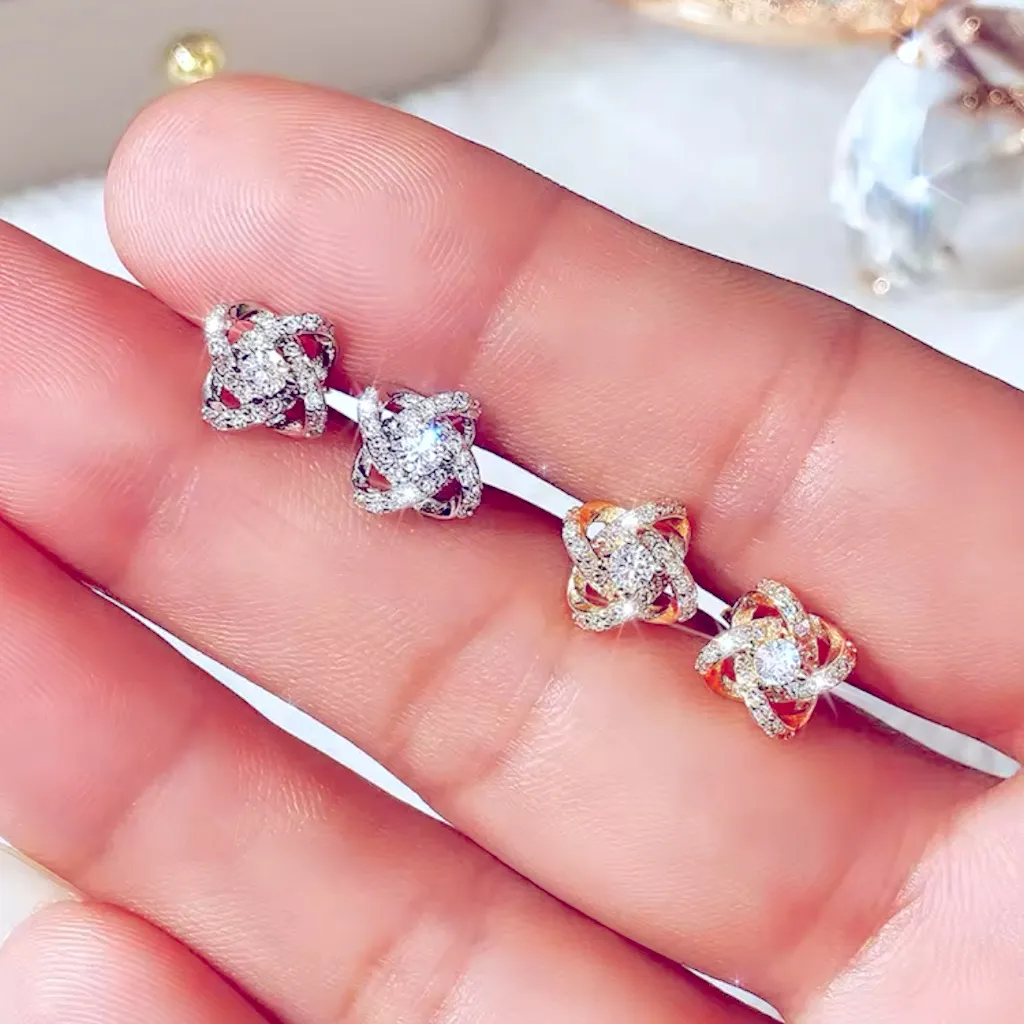 Sparkly White Gold Plated S925 Knot Simulated Diamond Stud‎ Earrings, 0.8cm - Image 5