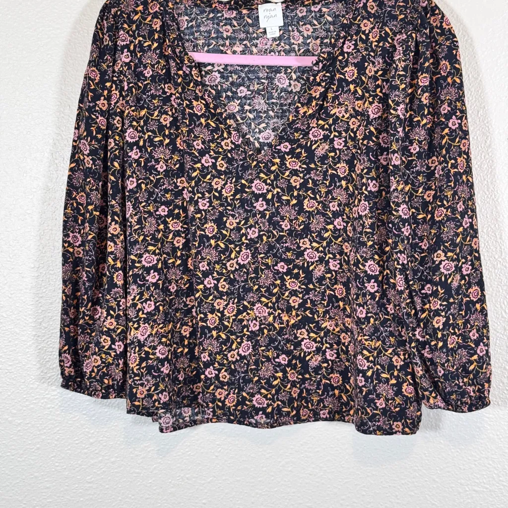 Roan & Ryan Black Pink Floral Boho Blouse Womens L Peasant Casual Cropped Shirt Size L - Image 10
