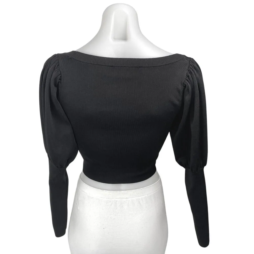 Zara Women's Black Long Balloon Puff Sleeve Ruched Tie Cropped Blouse Top Size S - Image 2