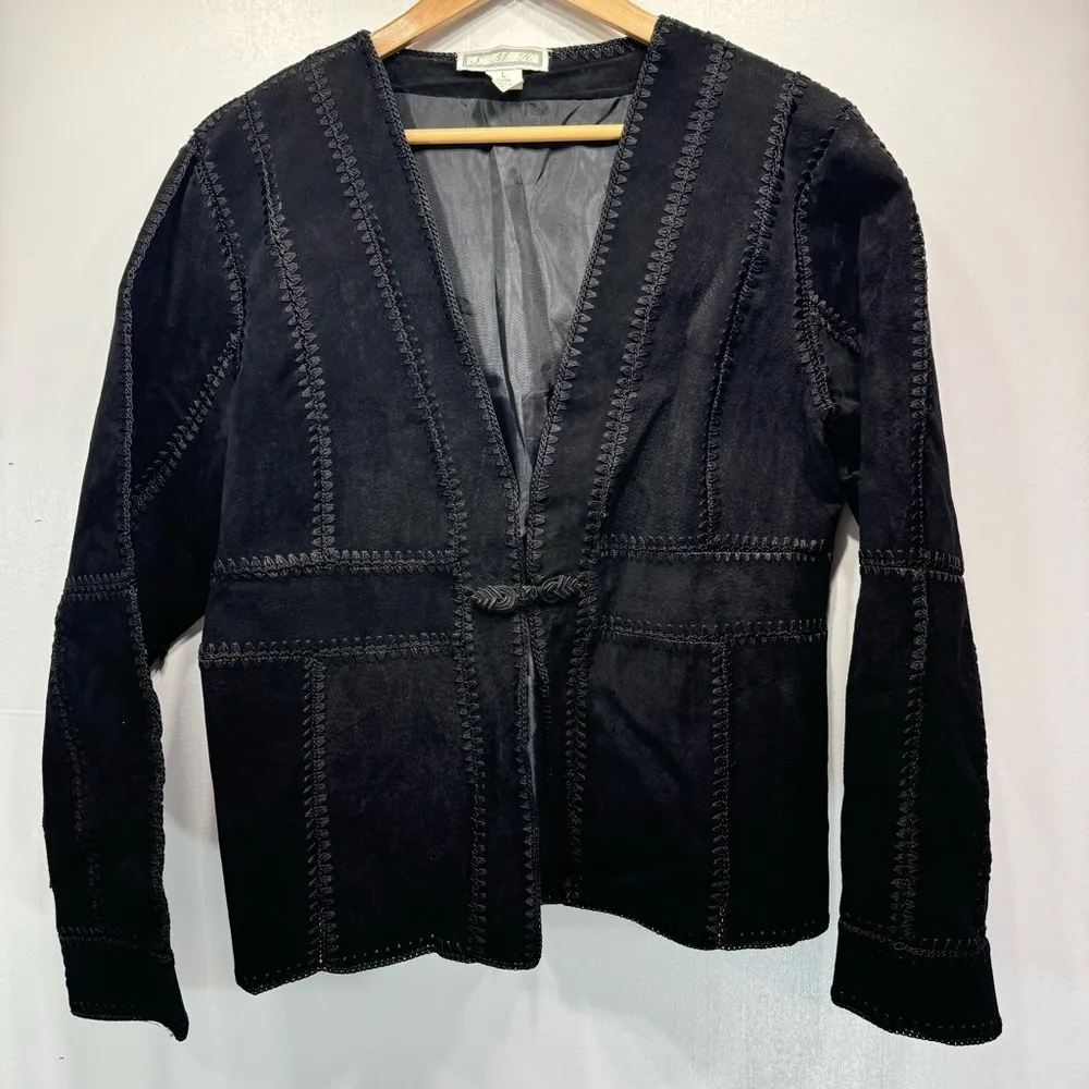 Vintage Y2K Genuine Suede Patchwork Leather Jacket Appliqué Toggle Buttons Black Size L - Image 4
