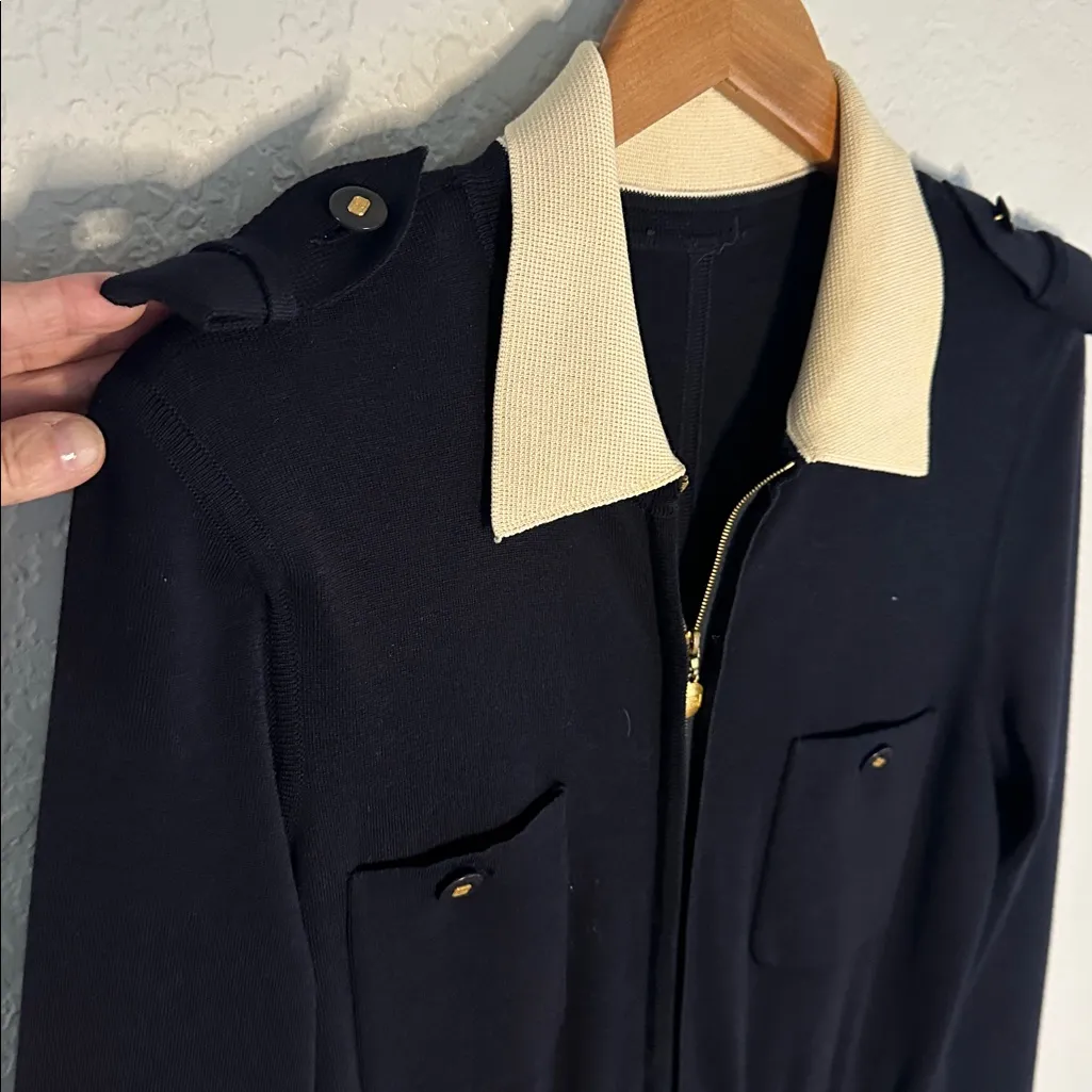 Vintage Rena Lange Navy Blue Jumpsuit Classic Logo Gold Buttons Zip Up Size 40 Size M - Image 5