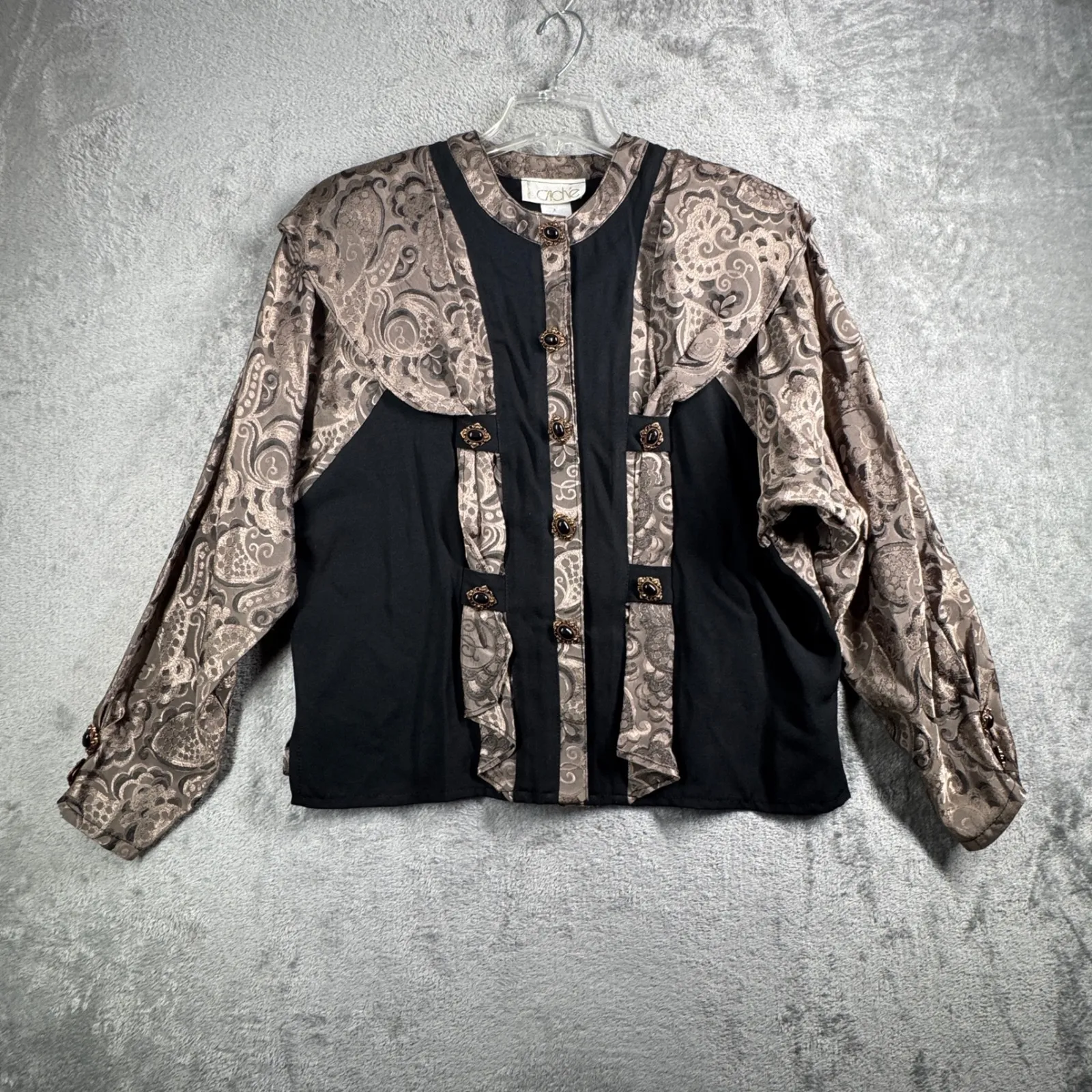 Cache Paris Womens 2 Piece Skirt Suit 4 Black Tan Baroque Jacquard Vintage 80s‎ - Image 2