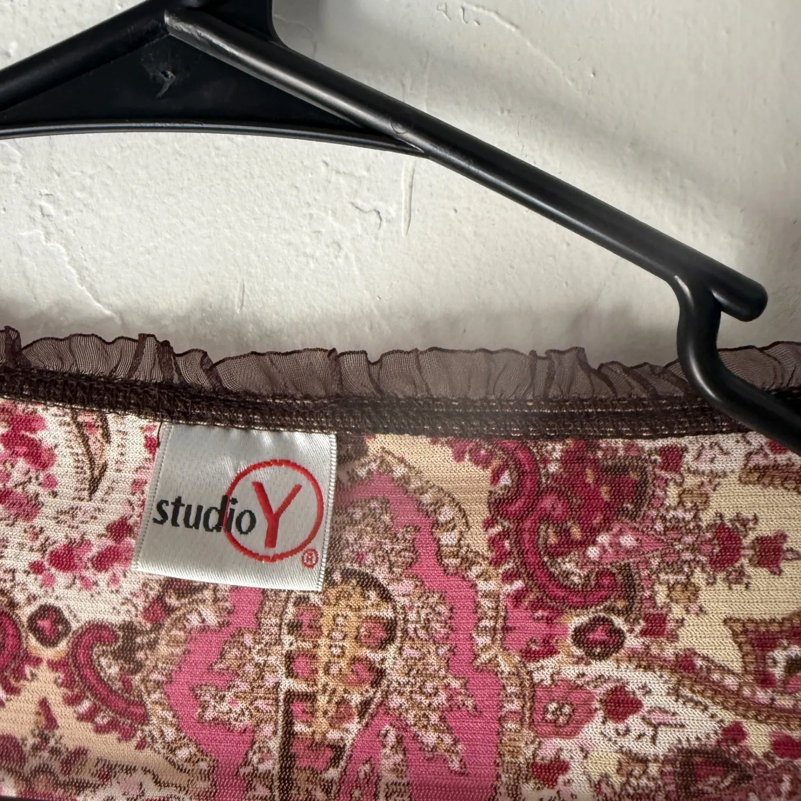 Studio Y Y2k Paisley Print Long Sleeve V Neck Top Blouse Pink Brown Boho Western - Image 5