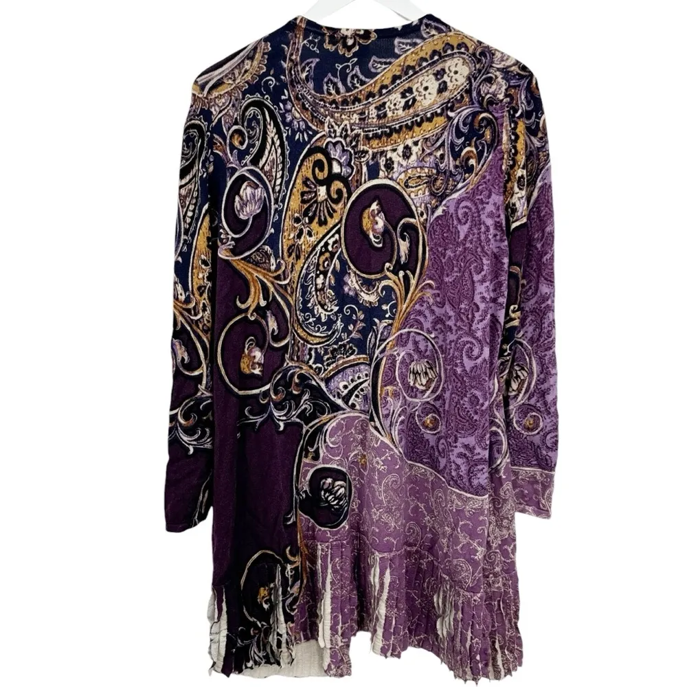 Chico’s Paisley Scroll Print Pleated Cardigan Sweater Purple Gold Size XL - Image 3