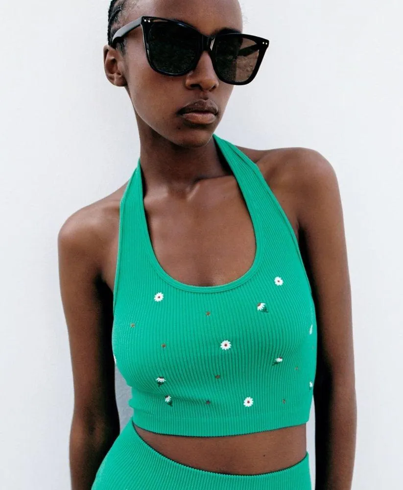 NWT Zara Seamless Halter Neckline Embroidered Crop Top Green XS-S - Image 2