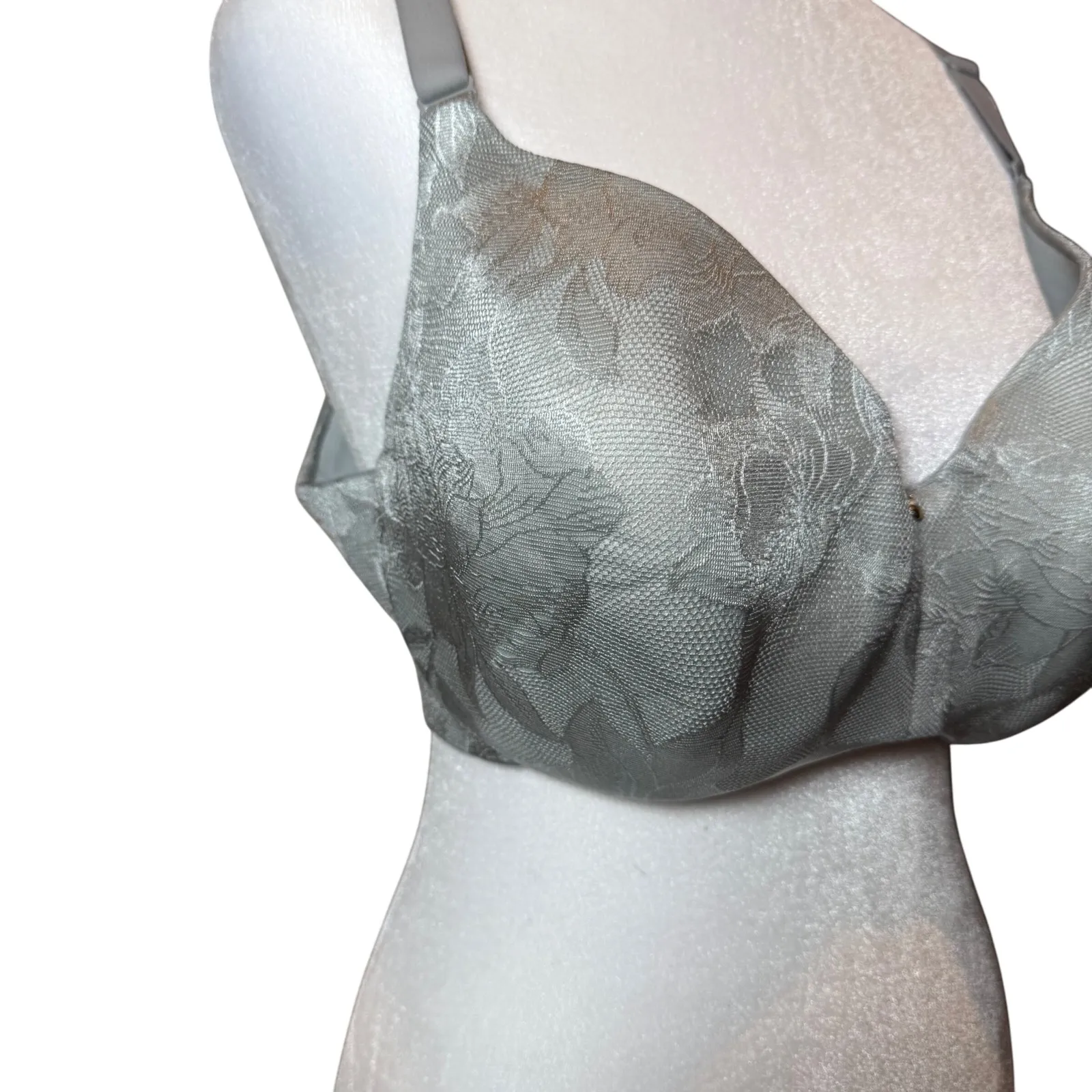 Cacique 40DD Lightly Lined Balconette Bra Silver Floral Lace Comfort Support - Image 2