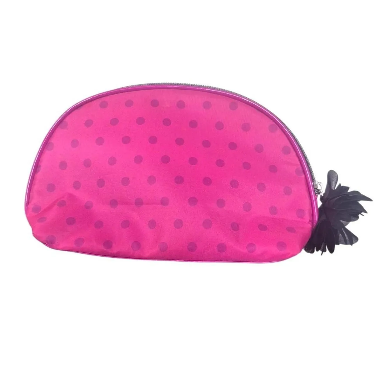 Lancome Pink Polka Dot Makeup Bag with Black Flower Detail - Image 2