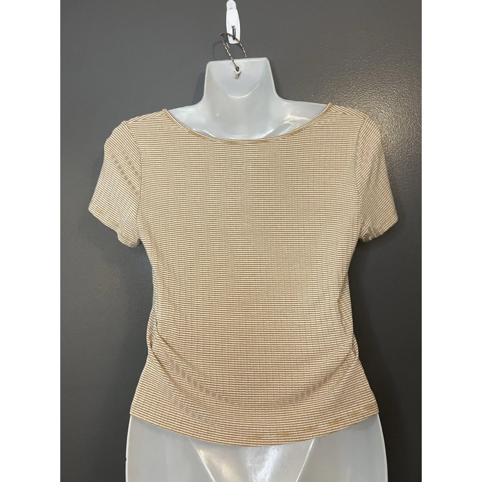American Eagle Outfitters Shirt Womens Small Beige Stripe Button Front Cropped - Image 4