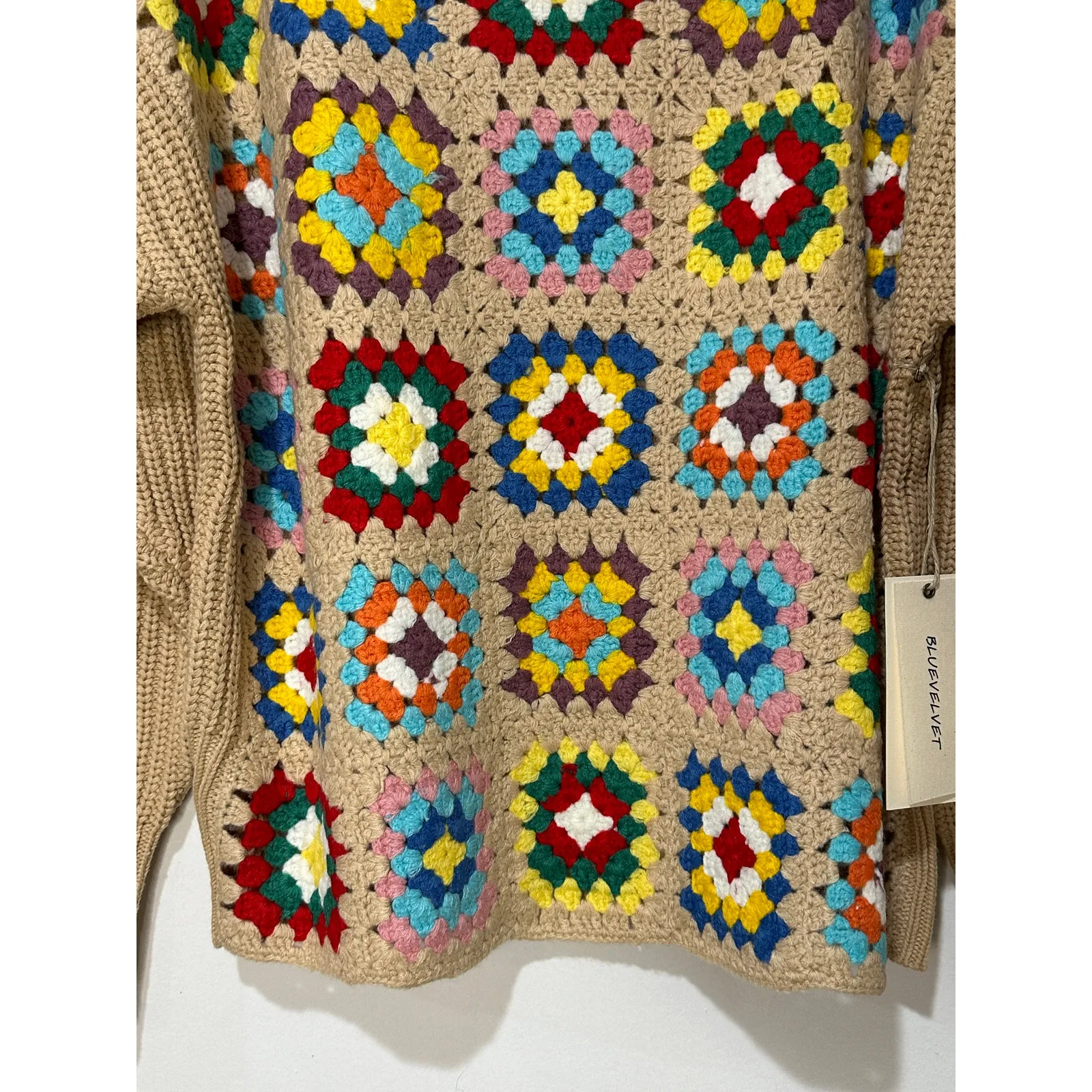 Blue Velvet Granny Square Knit Long Sleeve Sweater Mocha Multicolor Small NWT Brown - Image 4