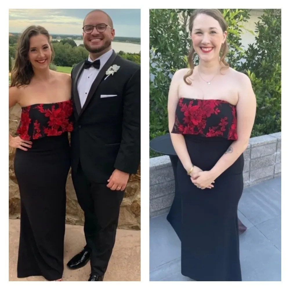 BADGLEY MISCHKA Floral Dress black red 6 Lace Formal Popover Gown strapless maxi - Image 3