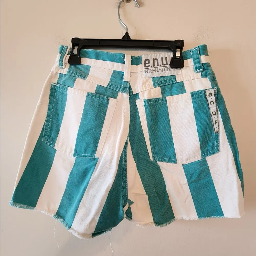 Vtg 90's e.n.u.f. International Juniors Shorts Green white Striped Size 9/10 - Image 2