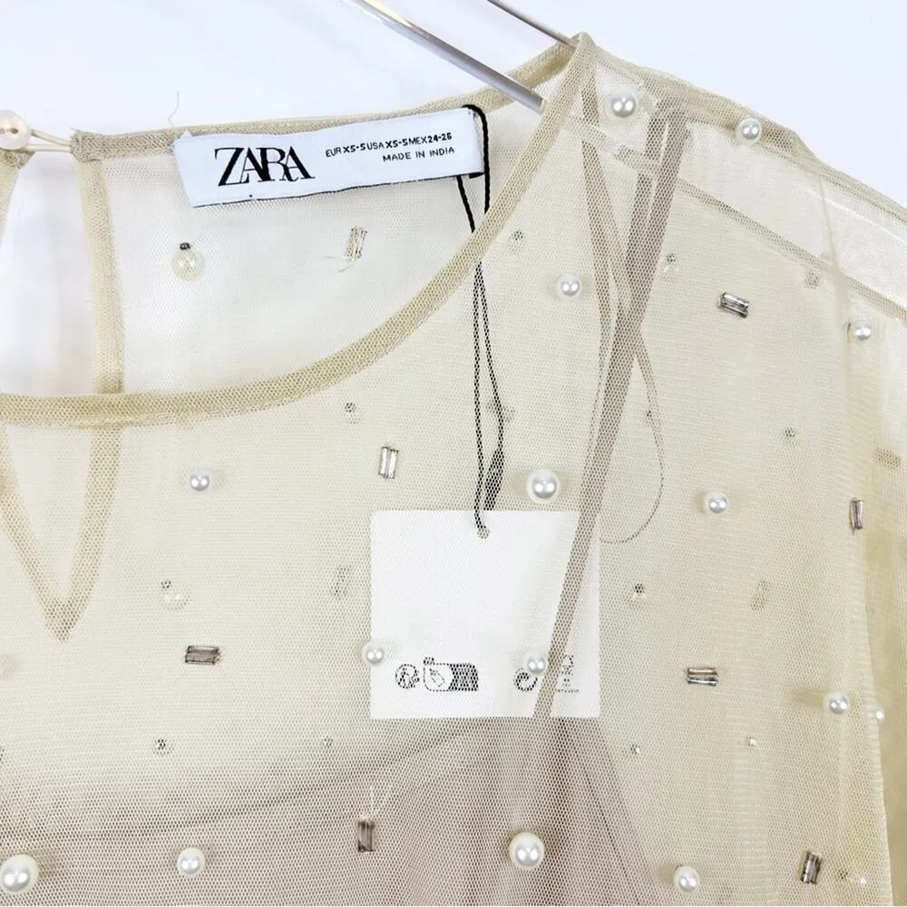 NWT ZARA Mesh Pearl Beaded Midi Dress XS/S Tan - Image 6