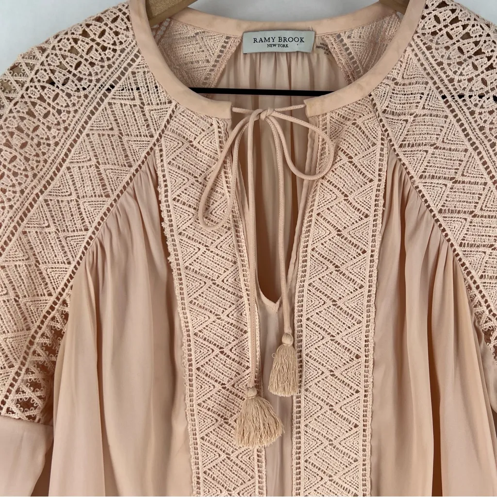 Ramy Brook Winnie Lace Panel Blouse Long Sleeve Tassel Tie Neck Ballet Pink - Image 2