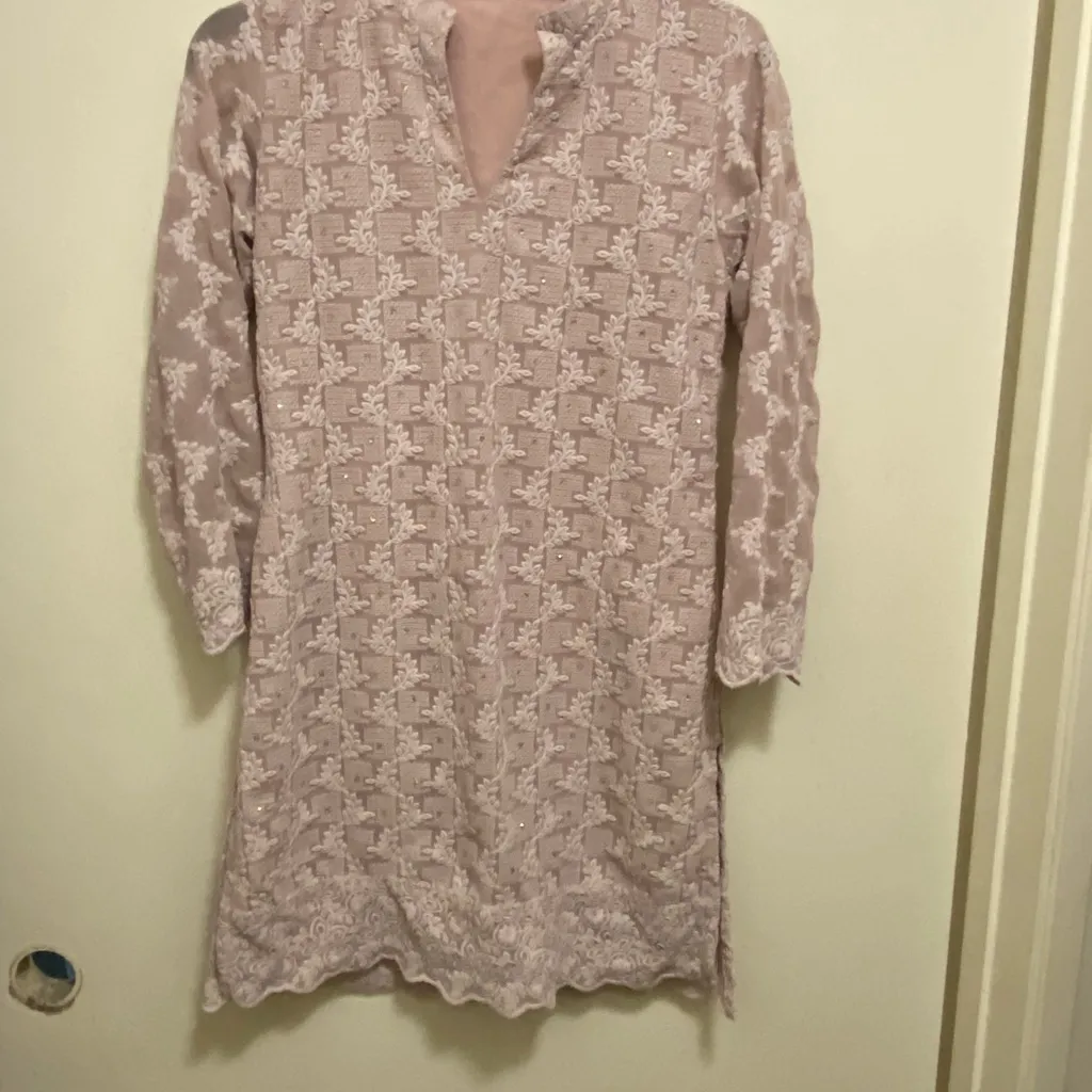 Vintage Womens Mini Dress S Small 34” Lavender Embroidered Vines & Grid Print Purple - Image 4