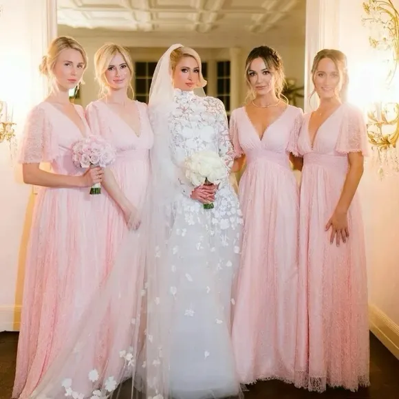 ALICE & OLIVIA Charlsie Smocked Waist Dress English Rose Pink Lace Long Size 4 - Image 2