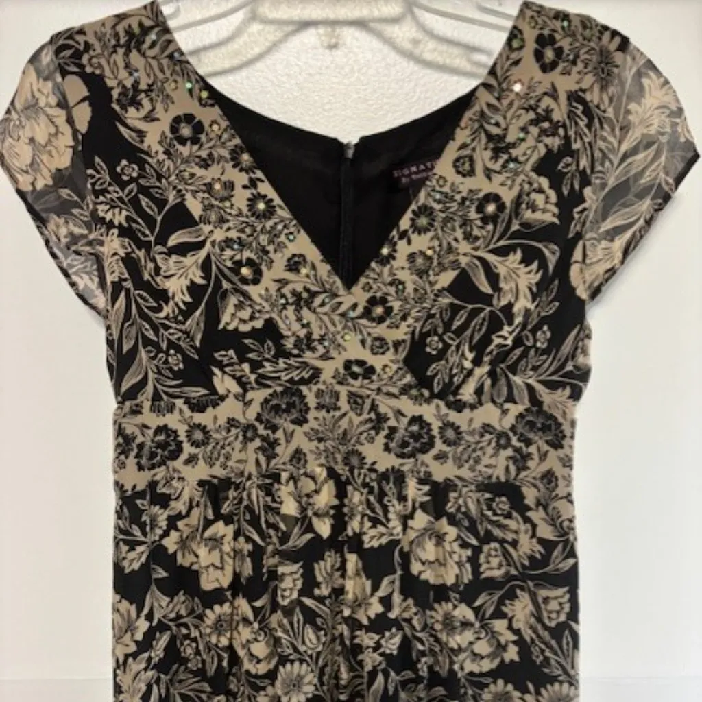 Signature Robbie Bee 8P Black Brown Floral Dress V Neck Sequin Silk Classic Chic - Image 3