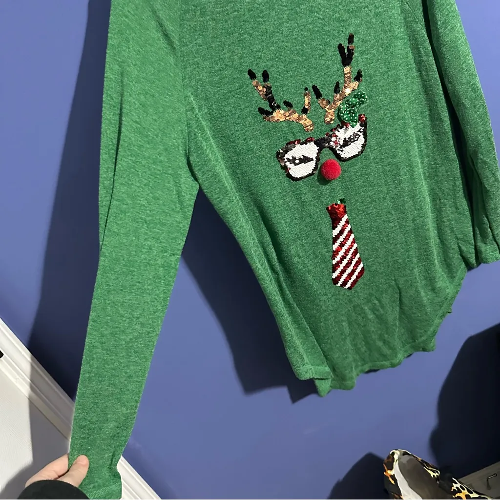 Green Reindeer Graphic Long Sleeve Top Rockin Around XL Womens Soft Holiday - Image 3