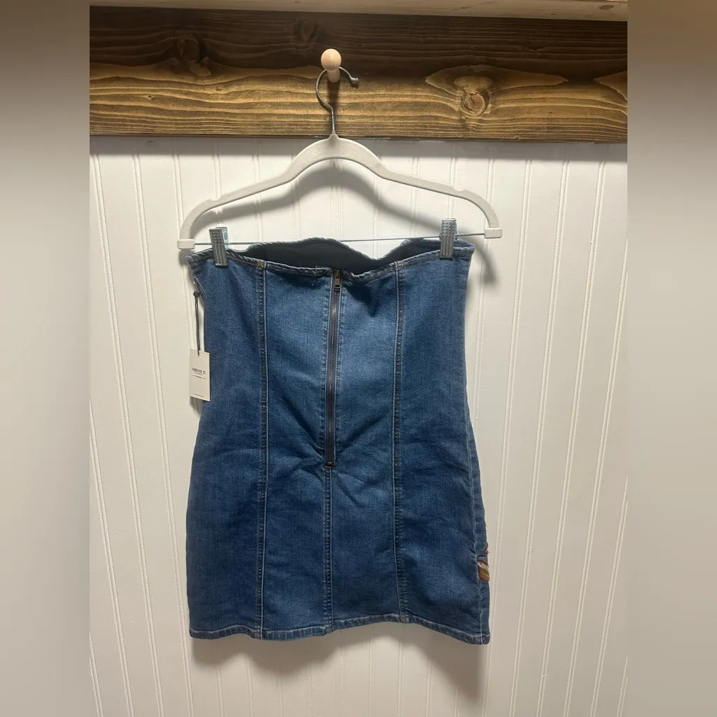 Forever 21 Blue Denim strapless mini dress w Brown Embroidery Sz L nwt - Image 2
