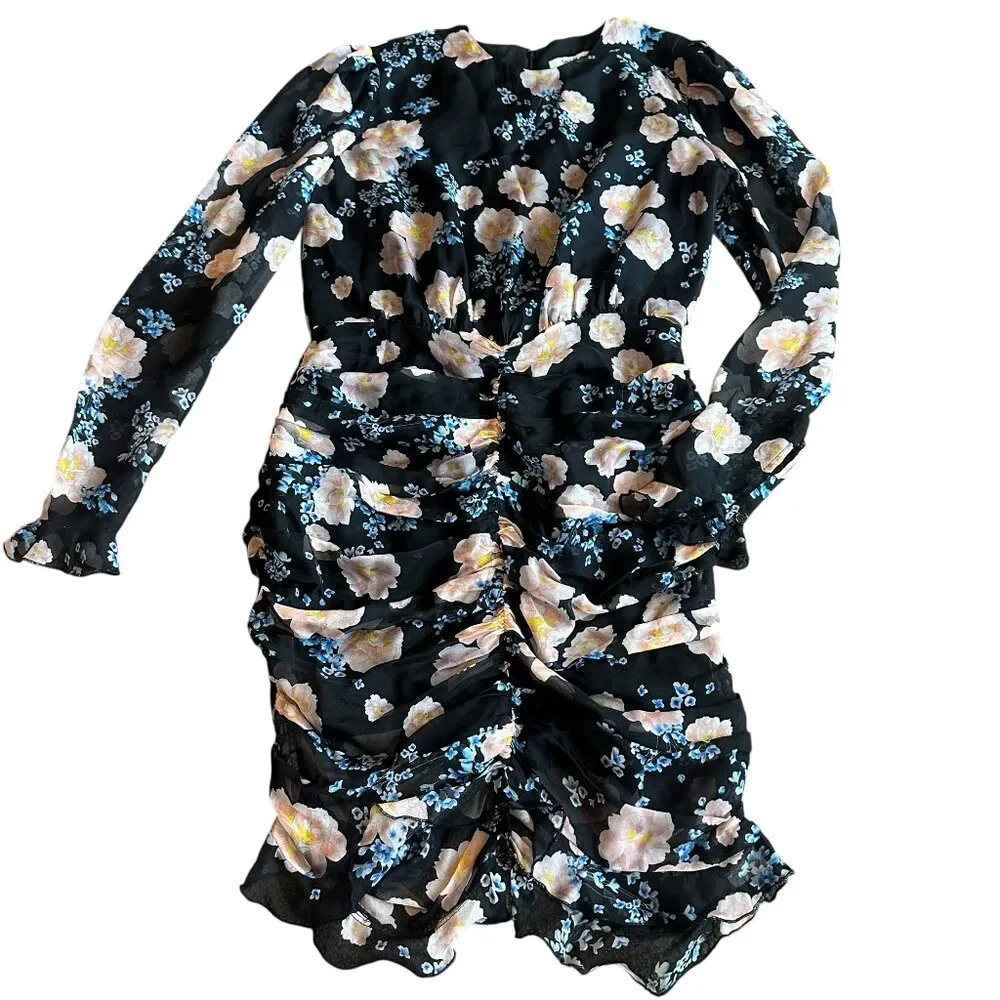 Sau Lee Sienna Black Floral Dress Long Sleeve Ruched 100% Silk Size 6 Women's - Image 2